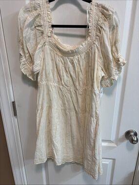 Old Navy Cream Embroidered Smocked-Neck Mini Dress